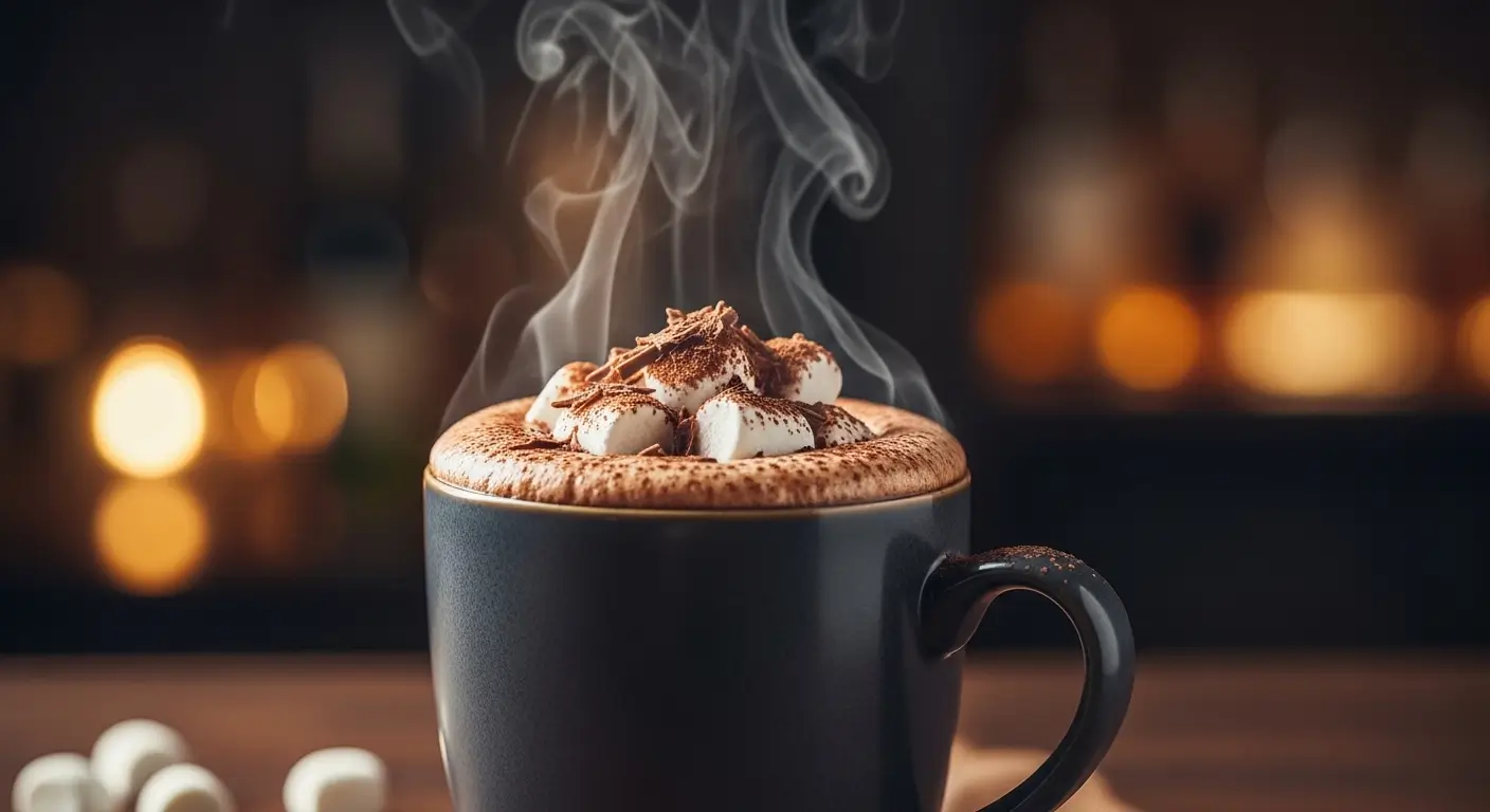 A steaming dark mug of gourmet hot chocolate topped with fluffy marshmallows and chocolate shavings. Wisps of white steam rise against a warm, golden bokeh background, highlighting the rich textures of this cozy beverage.