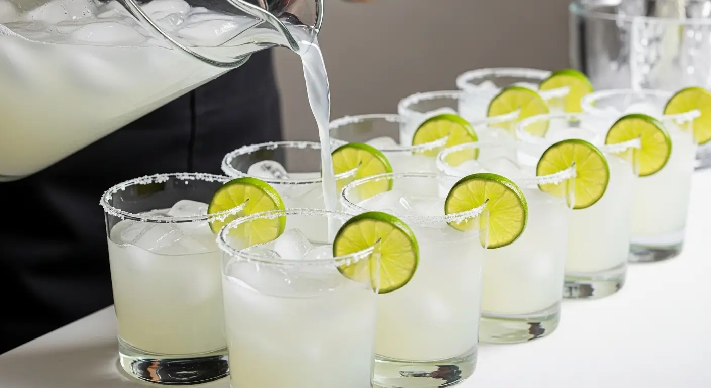 Fresh margaritas are poured from a glass pitcher into a row of salt-rimmed glasses filled with ice and vibrant lime wheels. The bright, clean lighting highlights the crystalline texture of the salt and the refreshing citrus garnishes on a white tabletop.