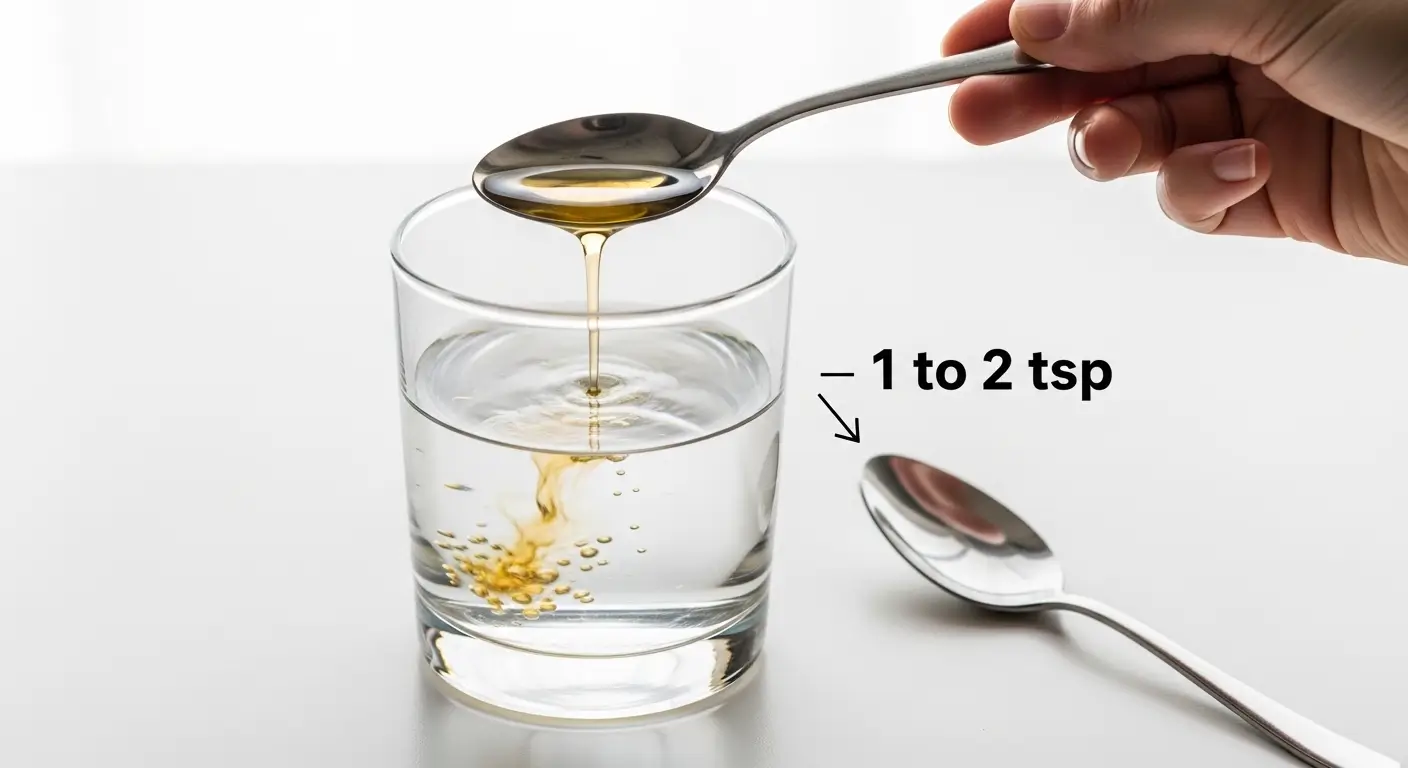 Golden apple cider vinegar pours from a polished metal spoon into a glass of water, creating amber swirls in bright light. Text indicates a one to two teaspoon dosage for this natural remedy on a minimalist white surface.