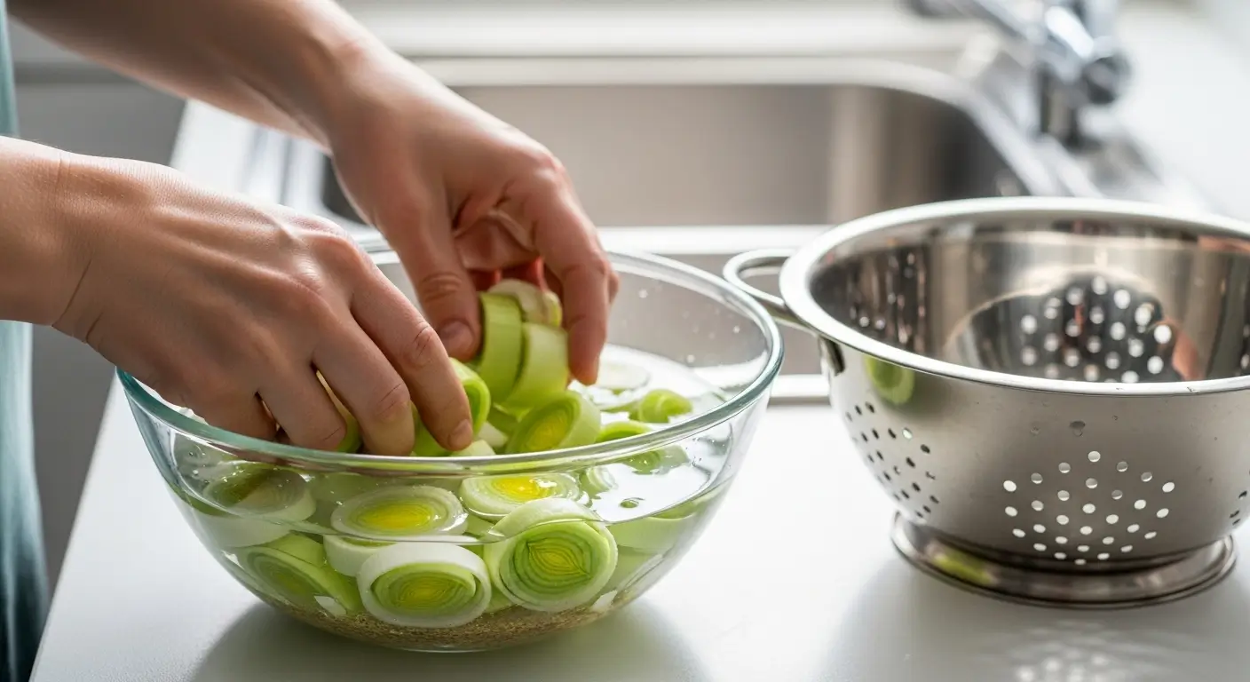 Hands washing sliced leeks in a clear glass bowl of water on a bright kitchen counter. Soft natural light highlights the crisp green rings of the fresh vegetables, positioned next to a polished stainless steel colander.