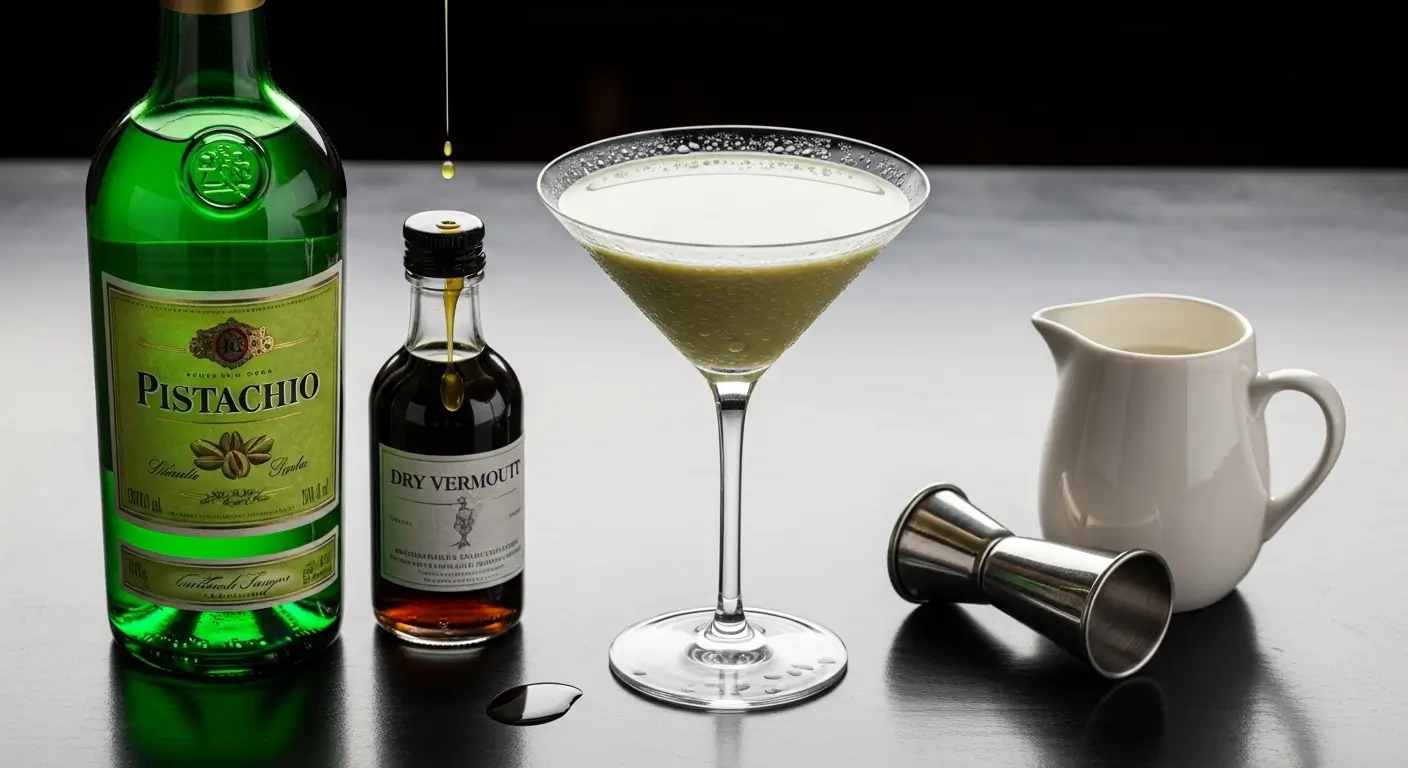 A creamy pistachio martini cocktail in a martini glass, accompanied by a green pistachio liqueur bottle and dry vermouth on a dark tabletop. A single drop of liquid falls into the small bottle, surrounded by craft cocktail ingredients like a silver jigger and white creamer.
