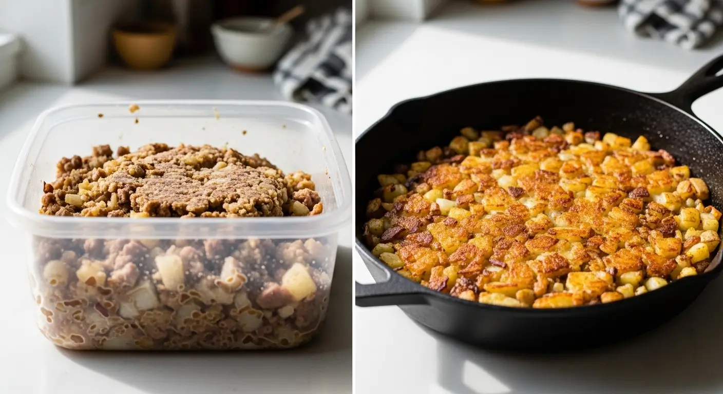 Savory sausage and potato meal prep in a clear container sits beside a cast-iron skillet of crispy breakfast hash. Soft natural light highlights the golden-brown textures of seasoned potatoes on a bright, minimalist kitchen counter.