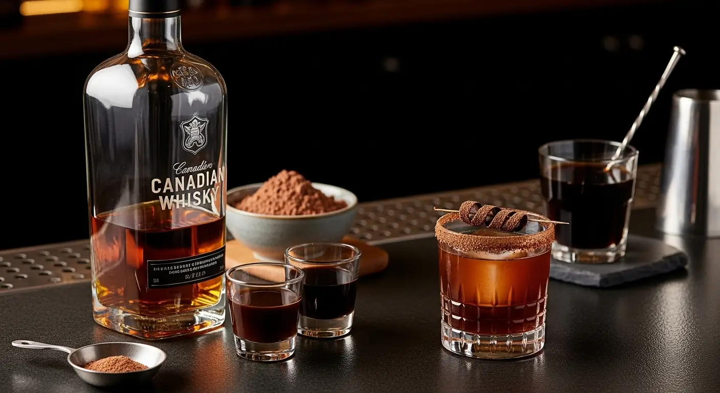A bottle of premium Canadian whisky sits on a dark bar beside a sophisticated chocolate cocktail featuring a cocoa-powdered rim. Warm, moody lighting highlights the amber spirits, dark syrups, and fine cocoa powder, creating an elegant atmosphere for professional mixology.