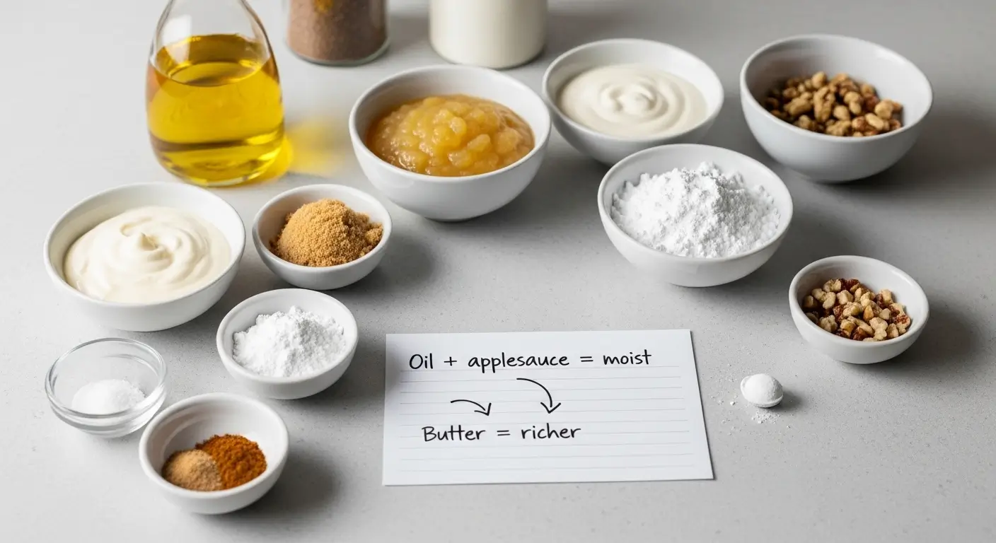 Assorted baking ingredient substitutes like golden oil and chunky applesauce sit in white ceramic bowls on a grey surface. A handwritten note explains moist textures under bright, diffused light for an organized kitchen aesthetic.