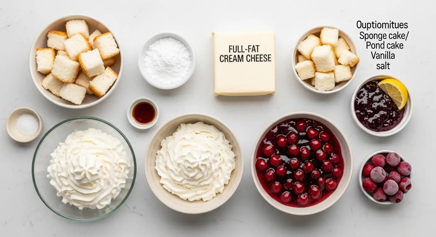 Fresh cherry cheesecake ingredients including cubed sponge cake, whipped cream, and glossy fruit filling rest on a white marble surface. Bright lighting highlights the textures of full-fat cream cheese and vibrant red cherries in this clean, top-down culinary layout.