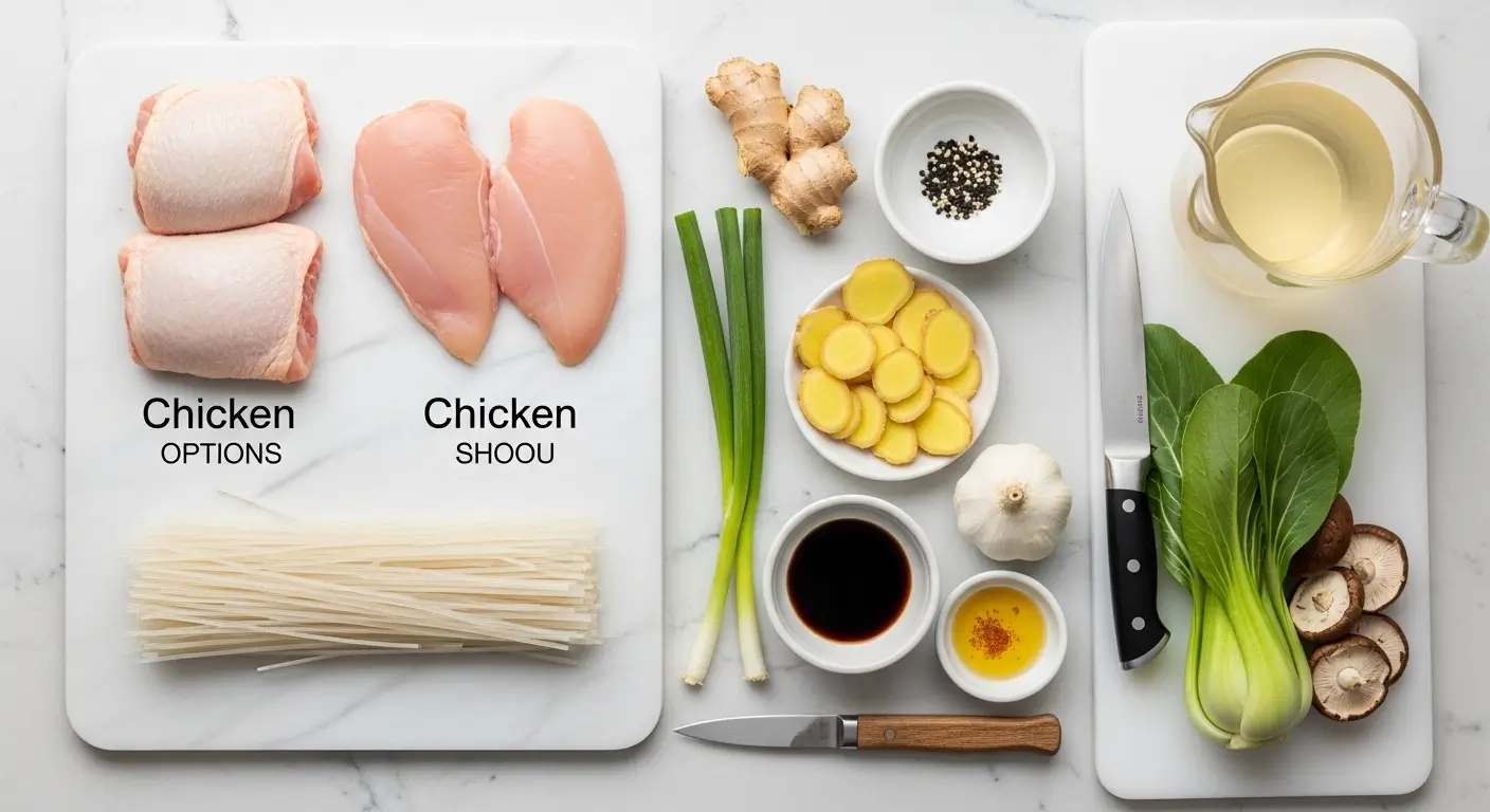 Fresh chicken ramen ingredients like raw meat and rice noodles rest on white marble. Vibrant bok choy, earthy shiitake mushrooms, and sliced ginger offer rich textures under bright, clean lighting for healthy meal prep.