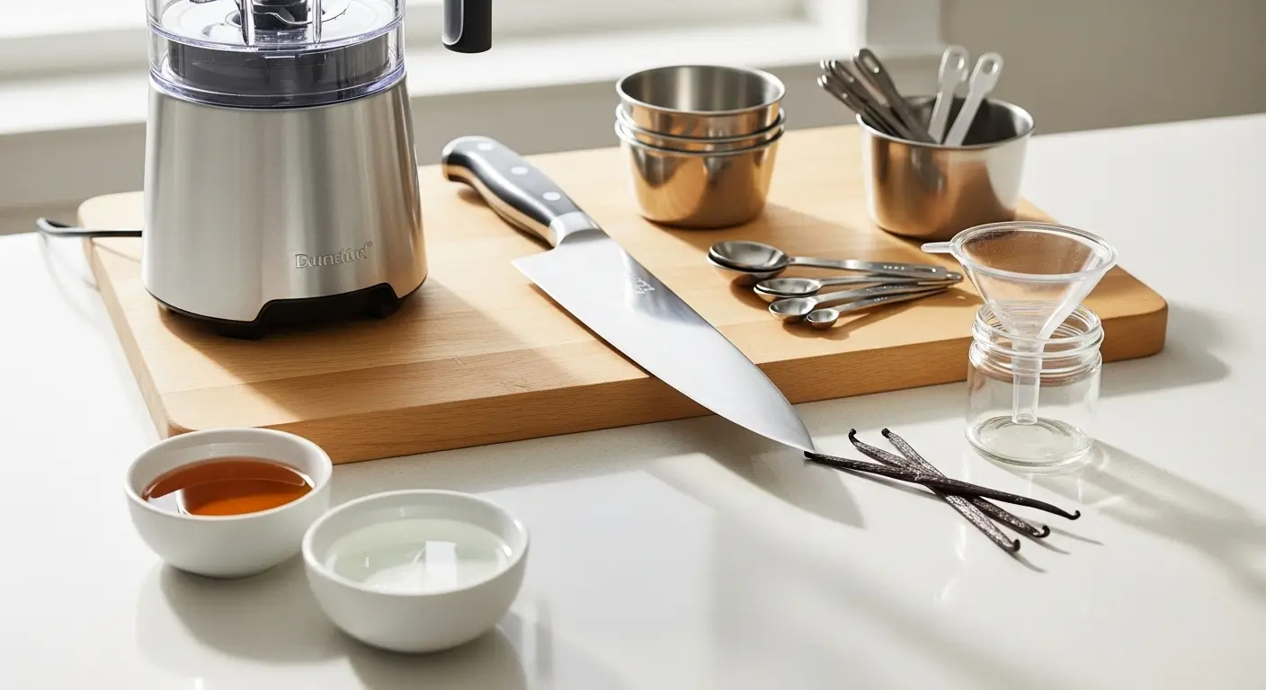 A professional chef's knife and stainless steel kitchen gadgets rest on a wooden cutting board with dark vanilla beans, small ceramic bowls, and a glass funnel under soft, bright daylight on a white counter.