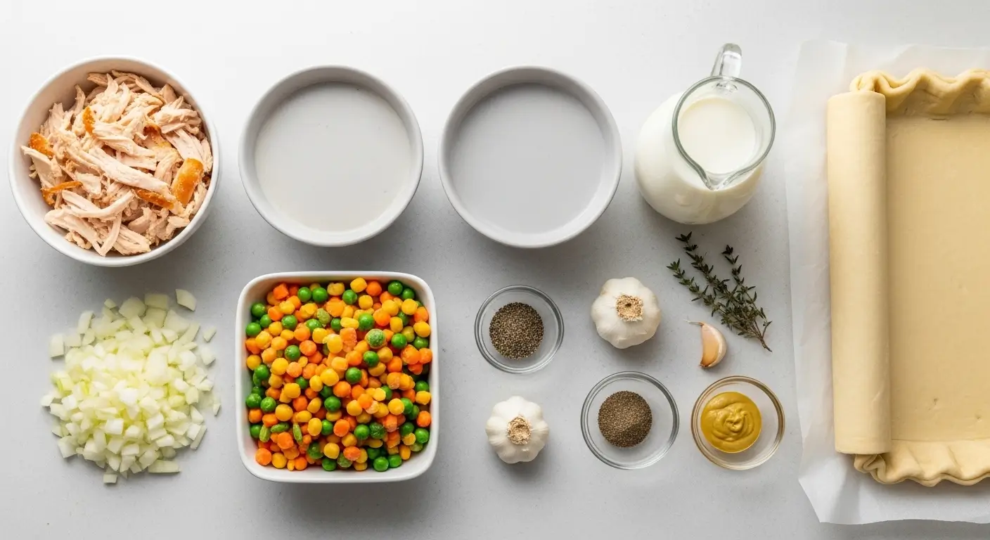 Fresh ingredients for a homemade chicken pot pie, including shredded chicken, vibrant vegetables, and diced onions, sit on a white surface. Soft lighting highlights the textures of the raw pie crust, garlic bulbs, and fragrant herbs.