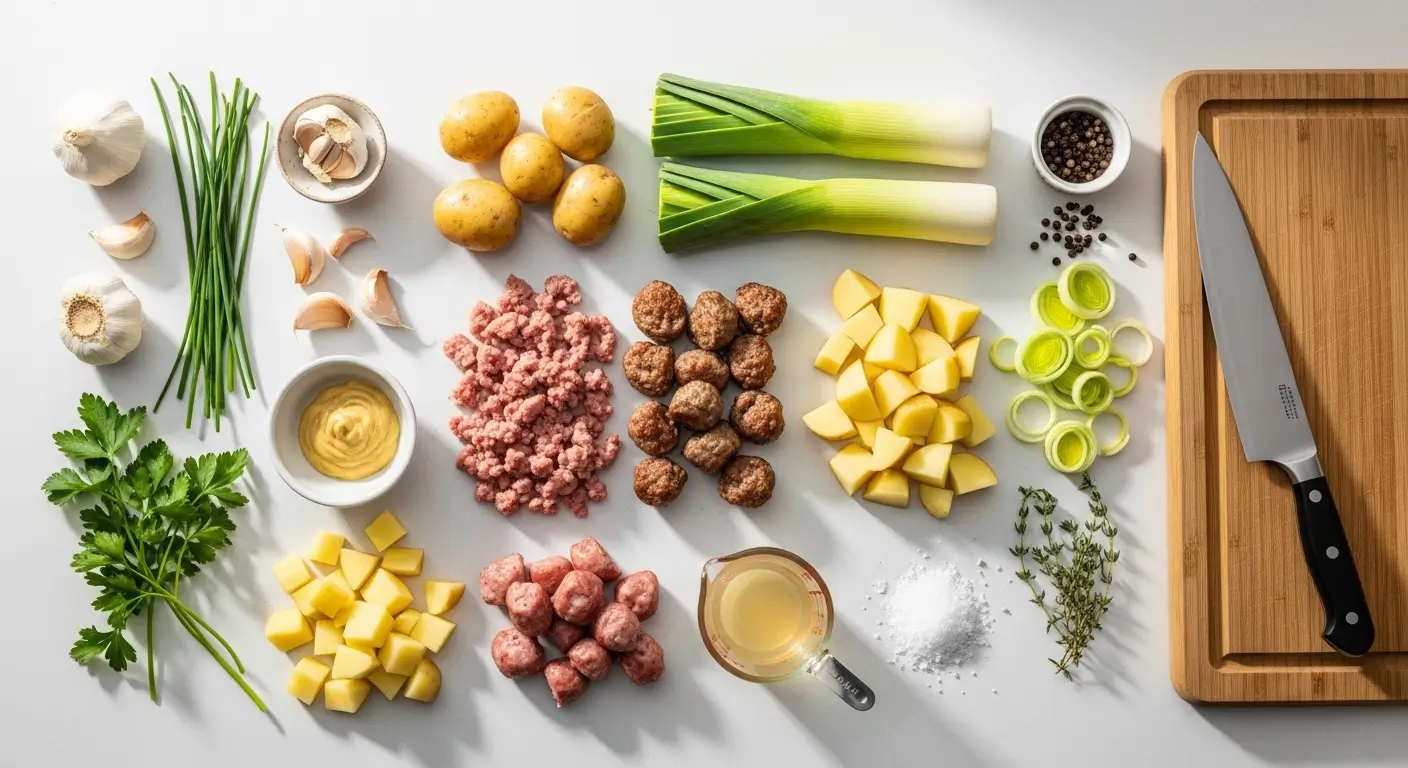 Vibrant fresh cooking ingredients like golden potatoes, leeks, and meatballs are arranged on a white surface for meal prep. A sharp chef's knife sits on a bamboo cutting board beside green herbs under clean, soft lighting.