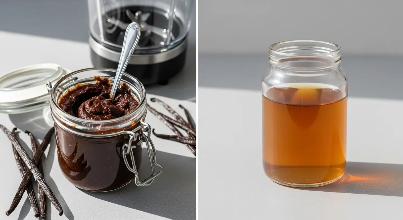 Thick homemade vanilla bean paste in a glass jar with a silver spoon, surrounded by dried vanilla beans, alongside a jar of amber pure vanilla extract. Bright, direct sunlight creates sharp shadows on a minimalist grey surface, emphasizing the rich, dark textures.