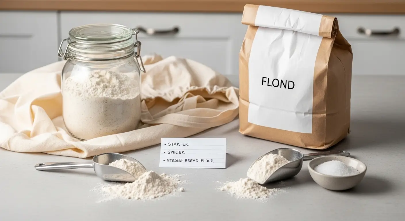 Strong bread flour in a crinkled brown bag sits beside a glass jar of starter on a sleek gray counter. Metal scoops spill fine white flour near a handwritten recipe note under soft, diffused kitchen lighting.