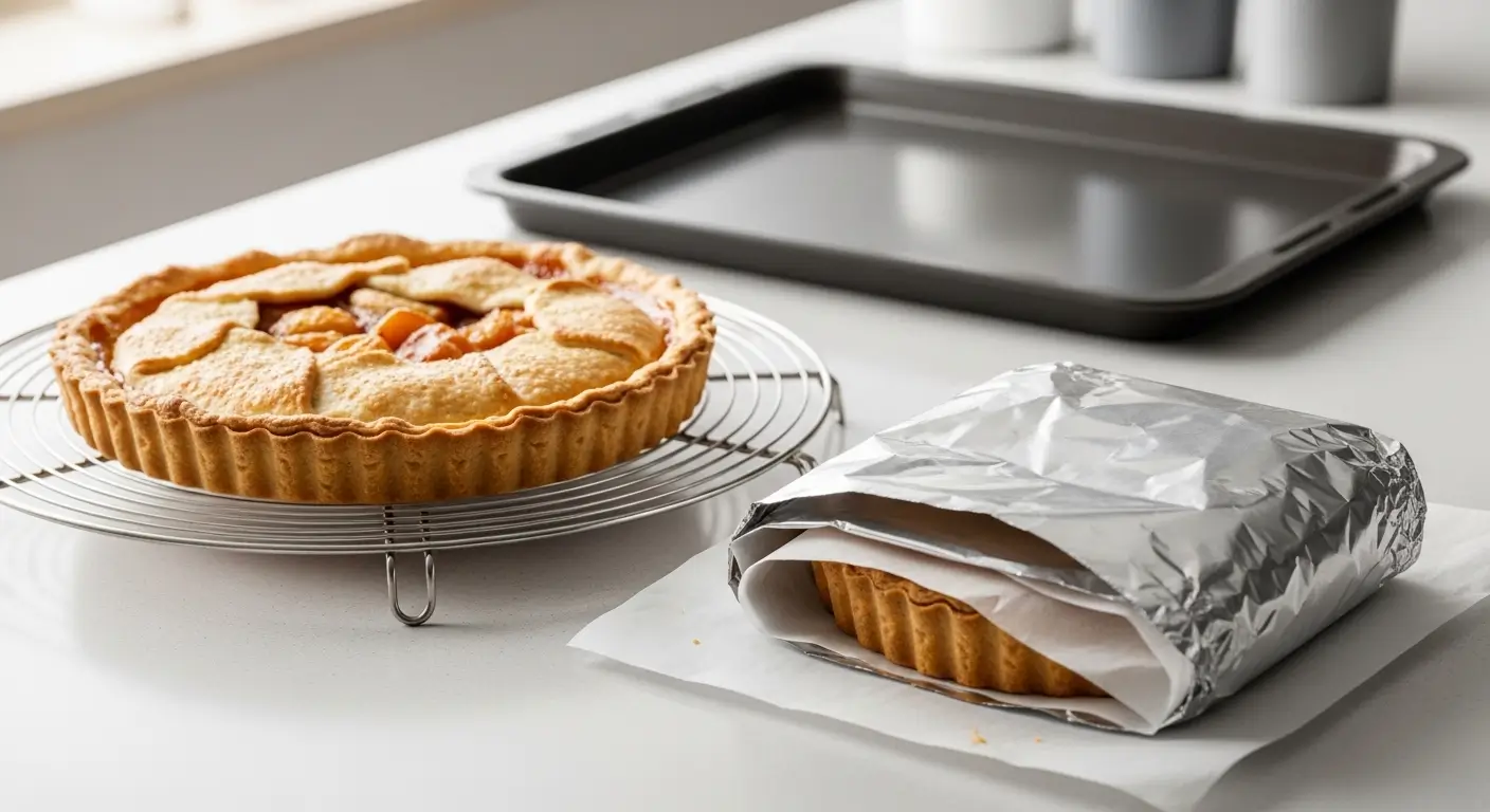 A golden-brown homemade fruit tart with a fluted crust rests on a circular wire cooling rack. Beside it, another tart is wrapped in shiny aluminum foil on a bright, minimalist kitchen counter under soft, natural light.