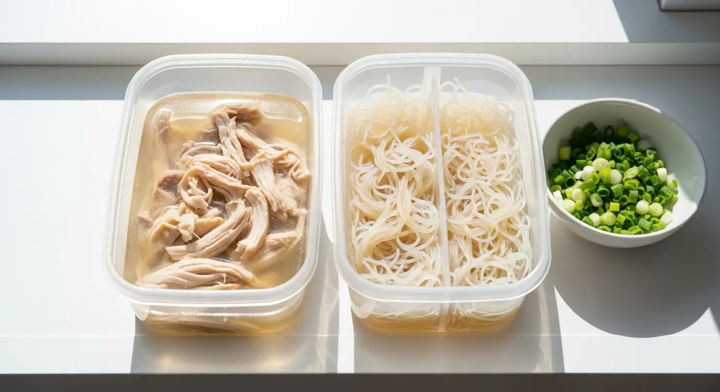 Tender shredded chicken in broth and translucent rice noodles sit in clear meal prep containers on a white surface. Fresh chopped green onions rest nearby under bright sunlight that casts sharp, high-contrast shadows.