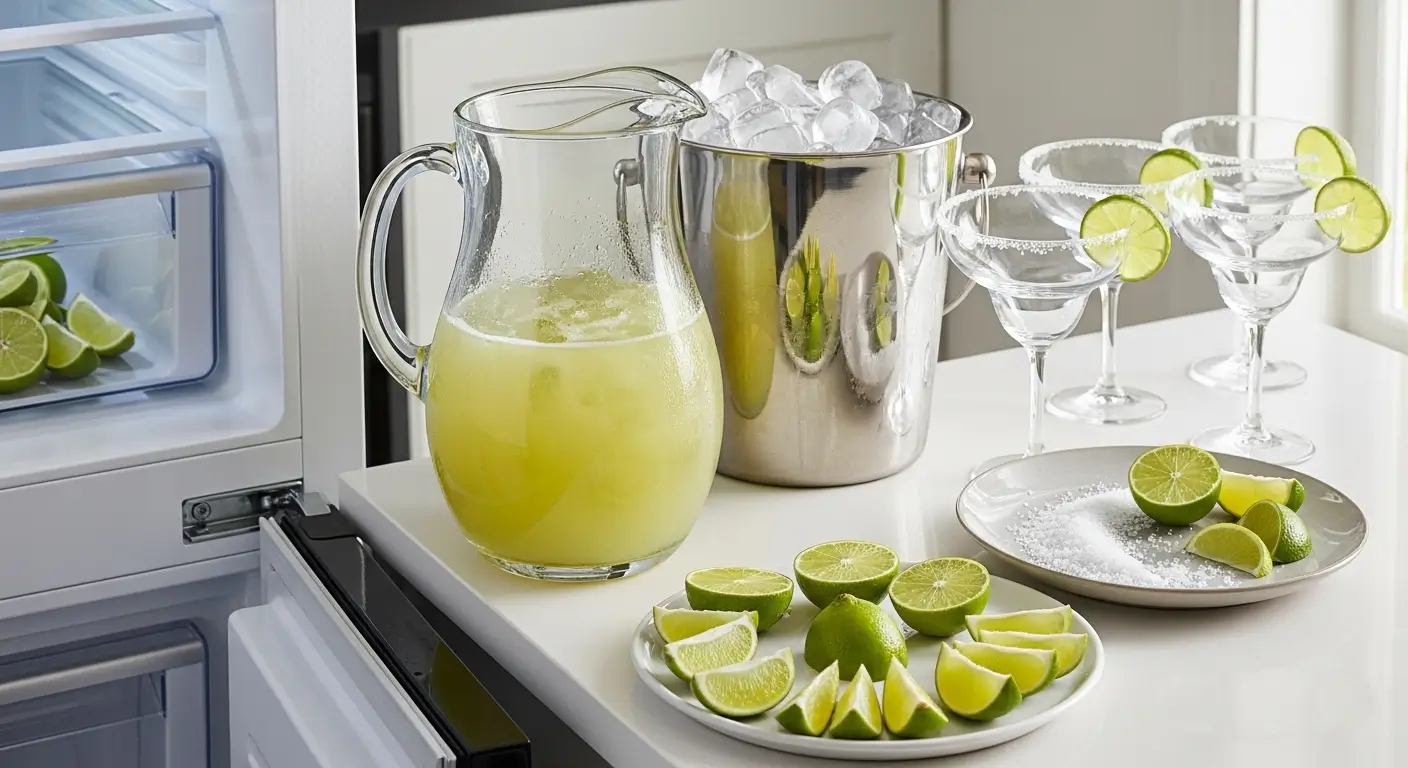 A chilled glass pitcher of fresh homemade margarita mix sits on a bright white counter beside a stainless steel ice bucket and salt-rimmed glasses. Vibrant green lime wedges and coarse salt are arranged for cocktail preparation under soft, diffused daylight next to an open refrigerator.