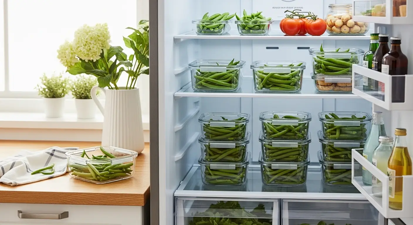 Vibrant green beans organized in glass food storage containers inside a bright refrigerator. Natural light fills the clean kitchen, highlighting efficient refrigerator organization and meal prep next to a white floral pitcher.