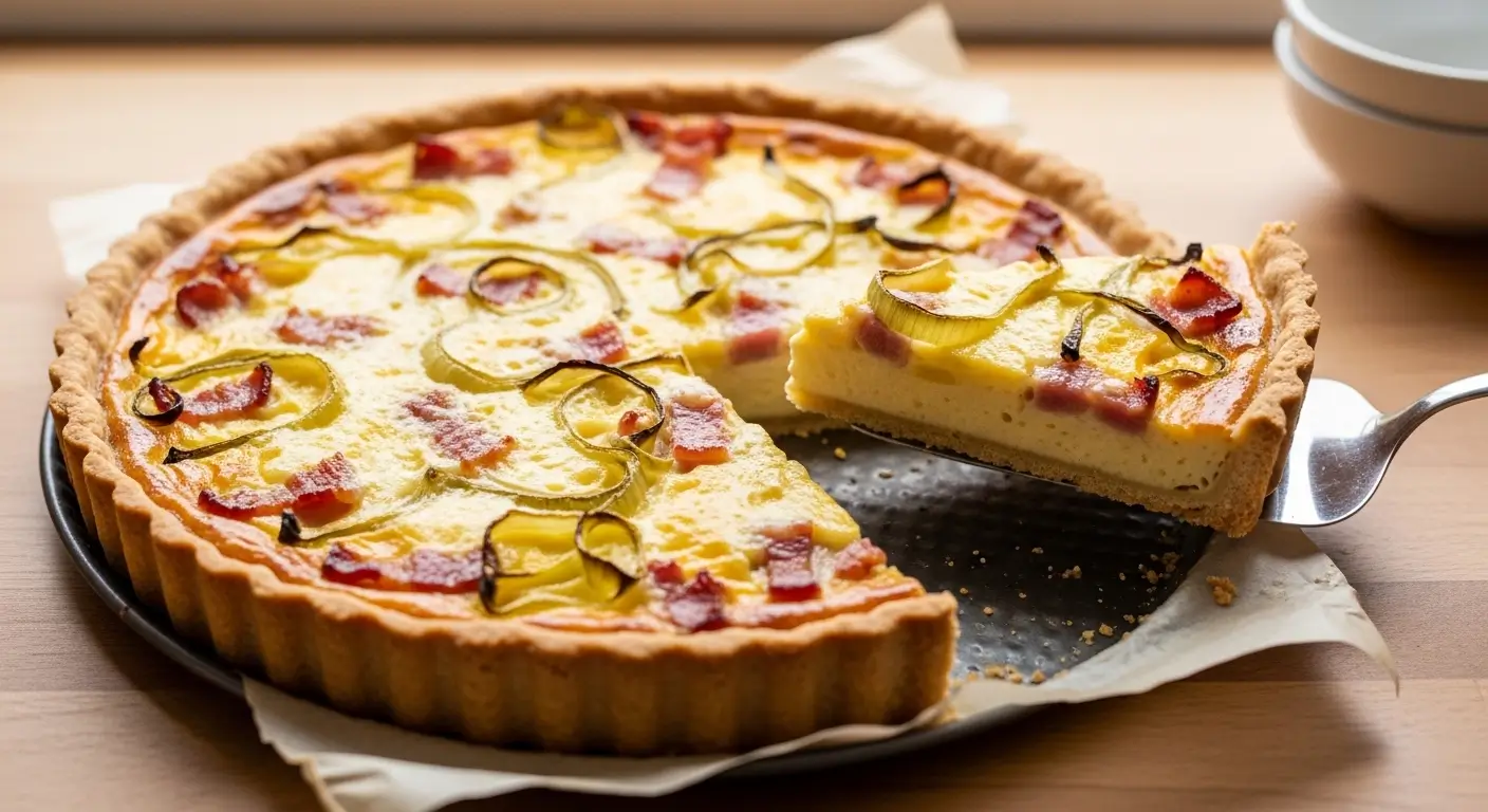 A slice of homemade bacon and leek quiche is lifted from a golden fluted crust, revealing a creamy custard center. The savory tart rests on a wooden table in soft light, showcasing crispy bacon and charred green leek rings.
