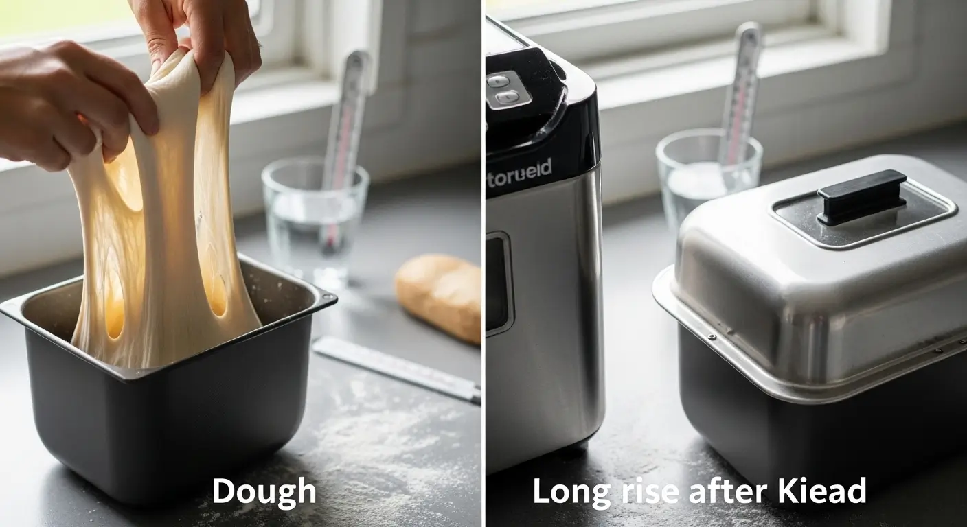 Hands stretch elastic bread dough from a black pan to show gluten development. Beside it, the bread machine pan sits covered for a long rise on a sunlit kitchen counter under soft, diffused window light.