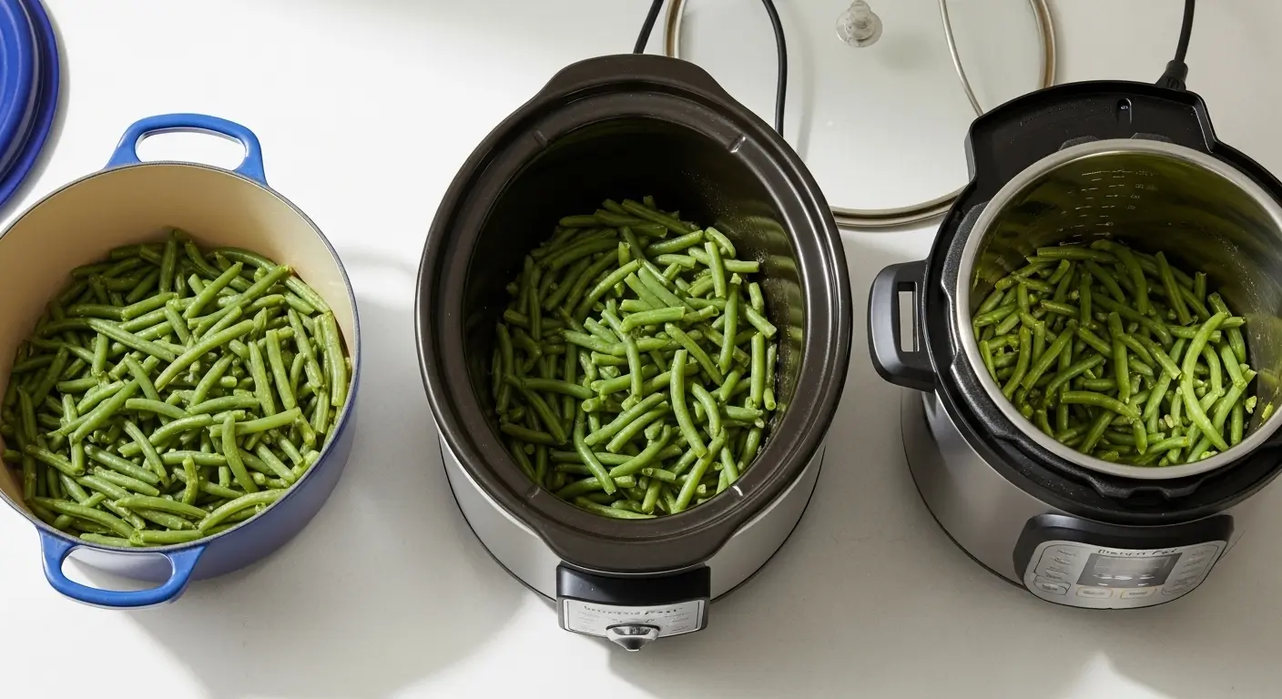 Vibrant snapped green beans fill a blue Dutch oven, a stainless steel slow cooker, and an electric pressure cooker. Soft lighting on a white countertop highlights crisp textures and methods for cooking green beans.