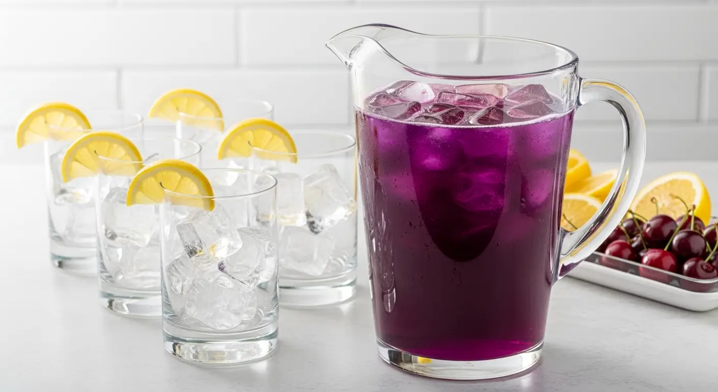 A large glass pitcher of refreshing purple lemonade filled with ice cubes rests on a white countertop, accompanied by several glasses garnished with yellow lemon slices and a side of fresh cherries under bright, diffused light.