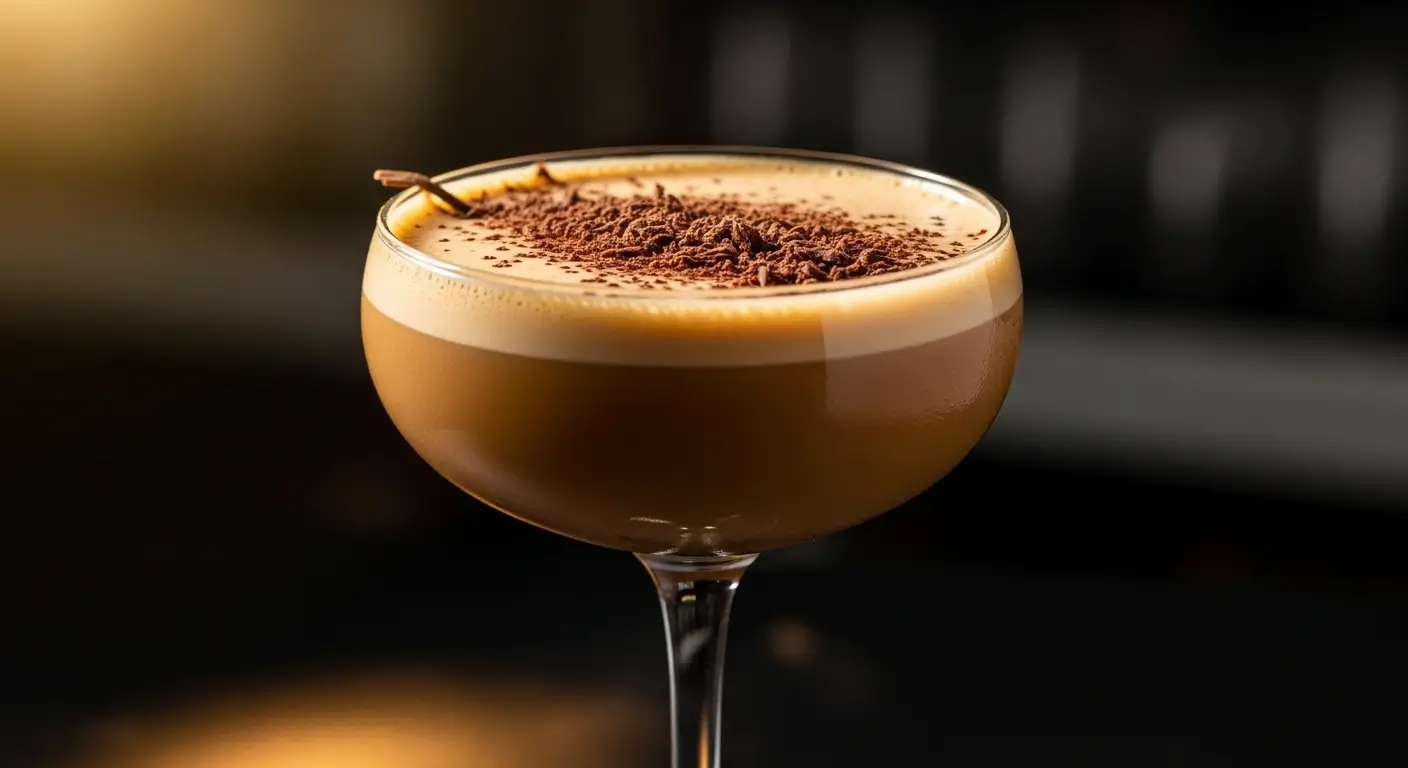 A chilled espresso martini in a sleek coupe glass, featuring a velvety foam top garnished with dark chocolate shavings. This elegant coffee cocktail is set against a dark background with soft, warm ambient lighting.