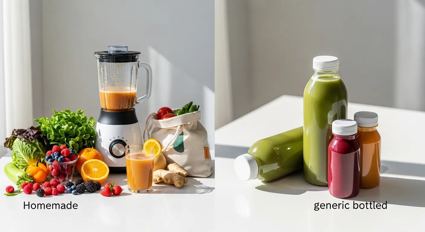 Vibrant produce surrounds a blender of fresh homemade juice, contrasted with generic cold pressed juice bottles on a sunlit surface. Bright natural light highlights textures of whole berries and smooth plastic under sharp, clean shadows.