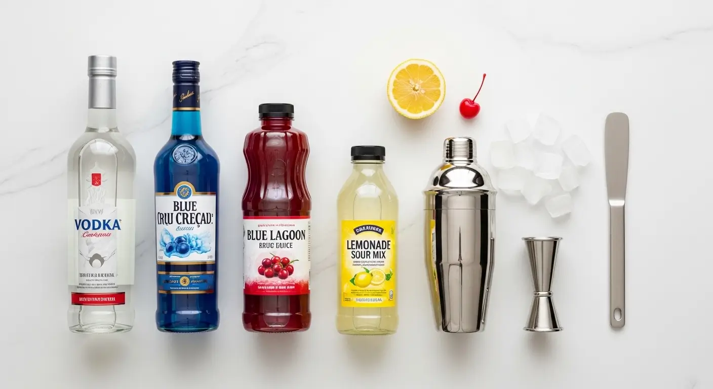 A vibrant purple cocktail filled with clear ice cubes and garnished with a fresh yellow lemon slice, sitting on a sleek bar counter under moody, violet-tinted ambient lighting that highlights the drink's translucent texture and rich color.