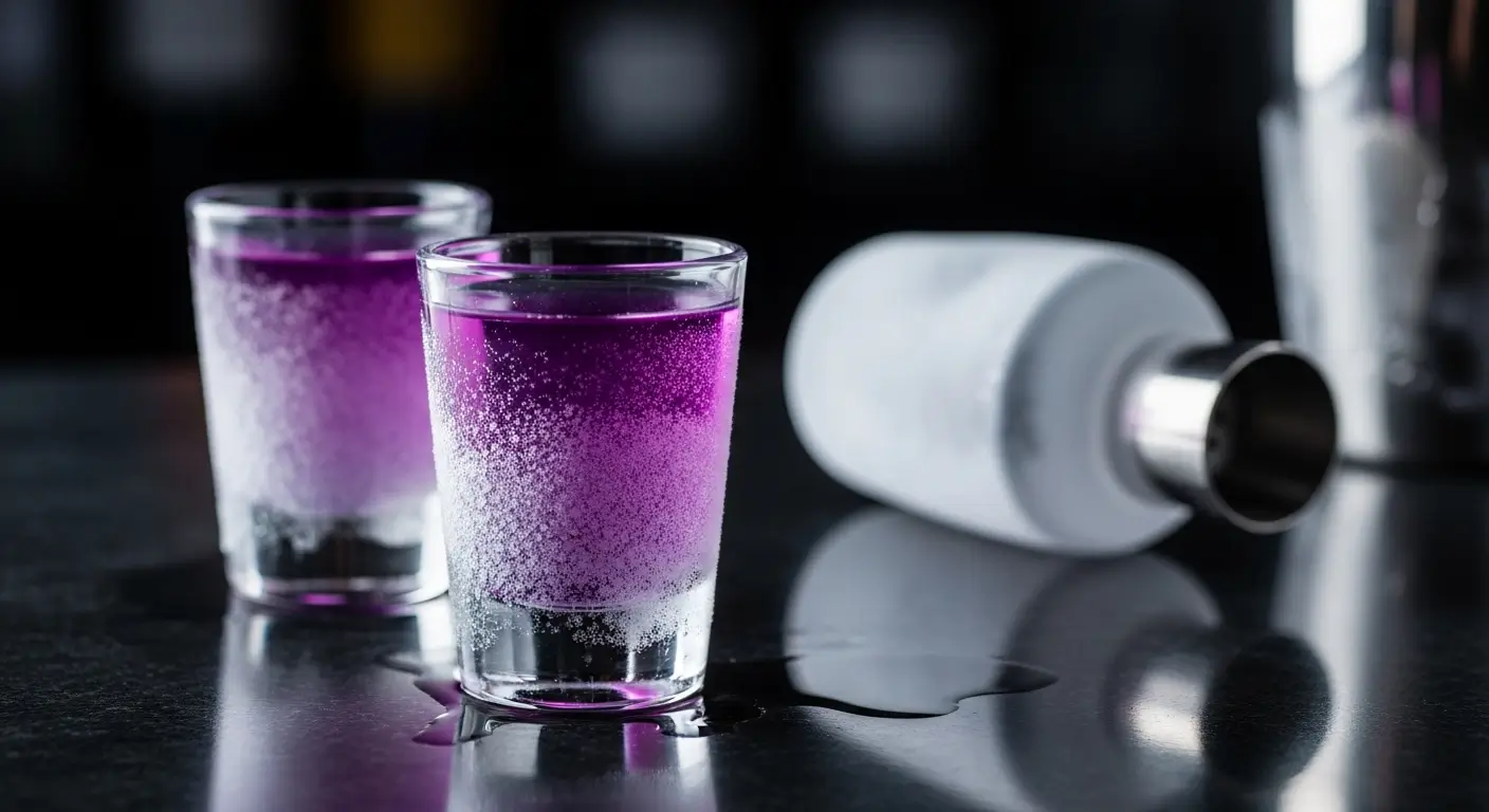 Two chilled shot glasses filled with a vibrant purple cocktail sit on a dark, reflective bar counter. Condensation coats the frosted glass under dramatic lighting, with a white frosted bottle resting in the blurred background.