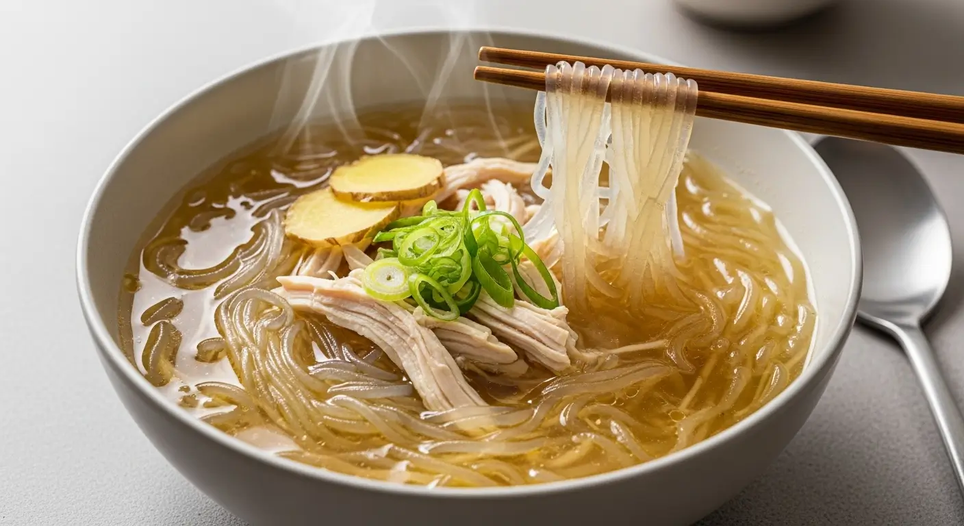 Steaming ginger chicken noodle soup with translucent glass noodles lifted by wooden chopsticks. This savory dish features shredded chicken, sliced ginger, and fresh scallions in clear broth, served in a matte ceramic bowl under soft, diffused light.
