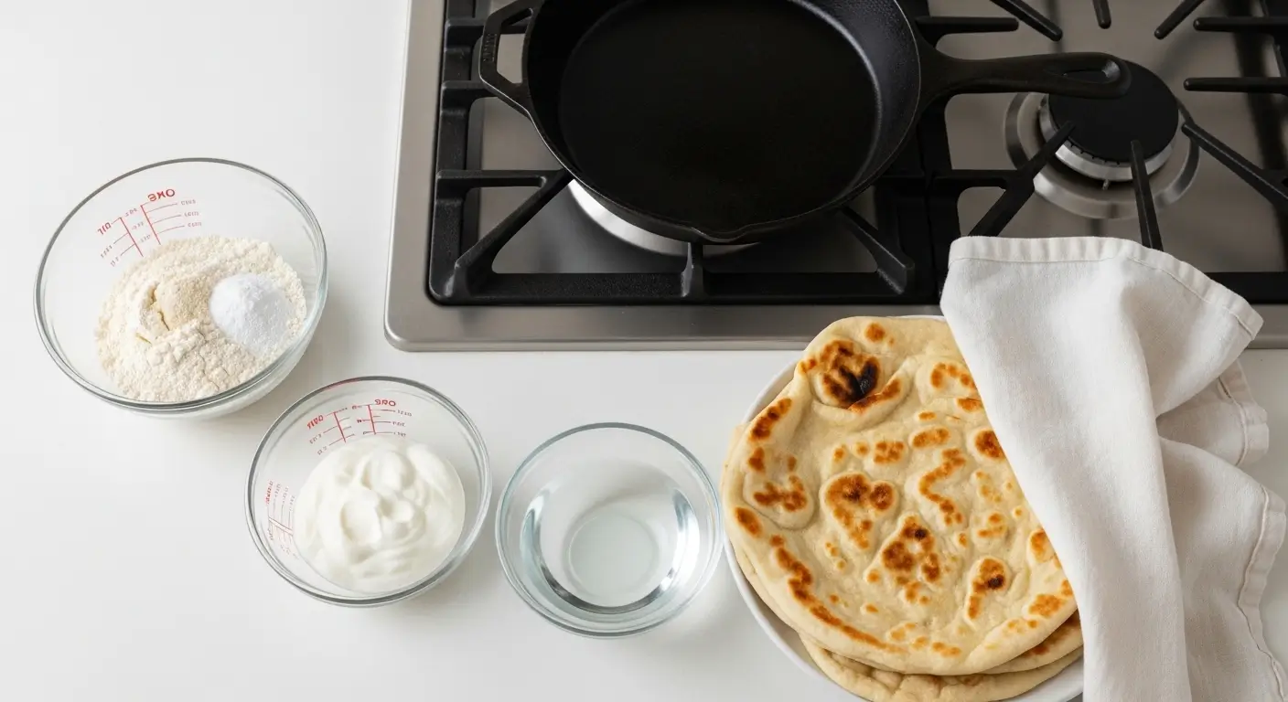 Golden charred homemade flatbread rests beside glass bowls of flour, yogurt, and water on a white counter, with a matte black cast iron skillet sitting on a stainless steel stove under bright, clean light.