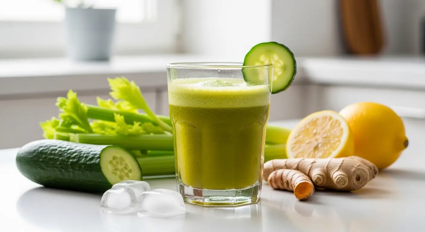 Vibrant fresh green juice in a glass sits garnished with cucumber among crisp celery, lemon, and ginger. This healthy detox drink rests on a white counter under bright light, highlighting its frothy texture and vivid hues.