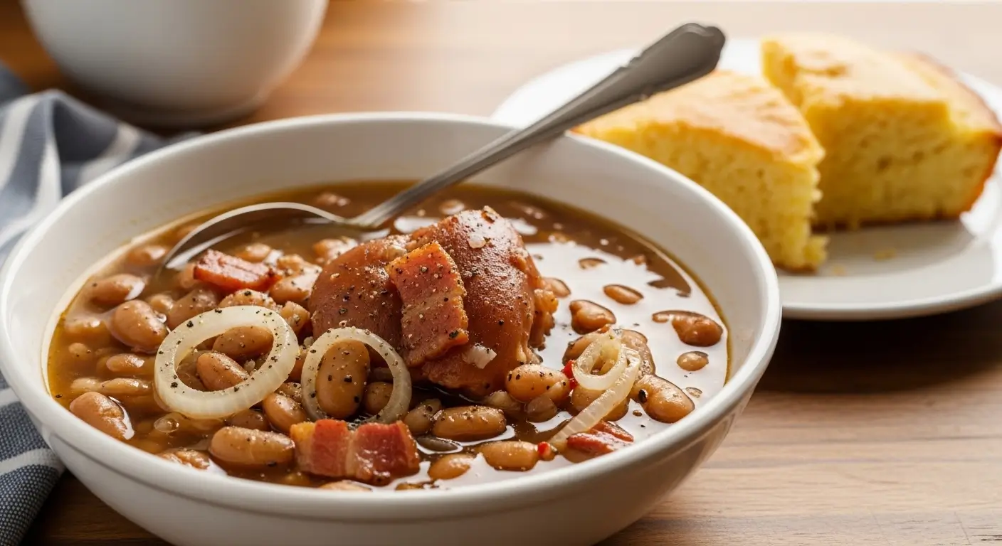 Hearty Southern pinto beans simmered with a savory ham hock and bacon, topped with onion rings in a white bowl. This comforting meal rests on a rustic wooden table beside golden cornbread under soft, warm lighting.