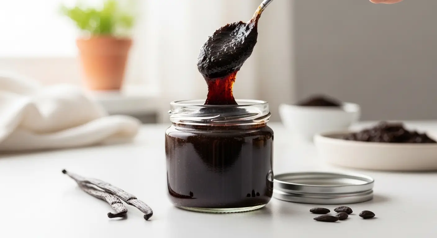 Thick, glossy vanilla bean paste being lifted by a silver spoon from a clear glass jar, surrounded by whole dried vanilla beans on a bright white tabletop under soft, diffused natural light in a clean kitchen setting.