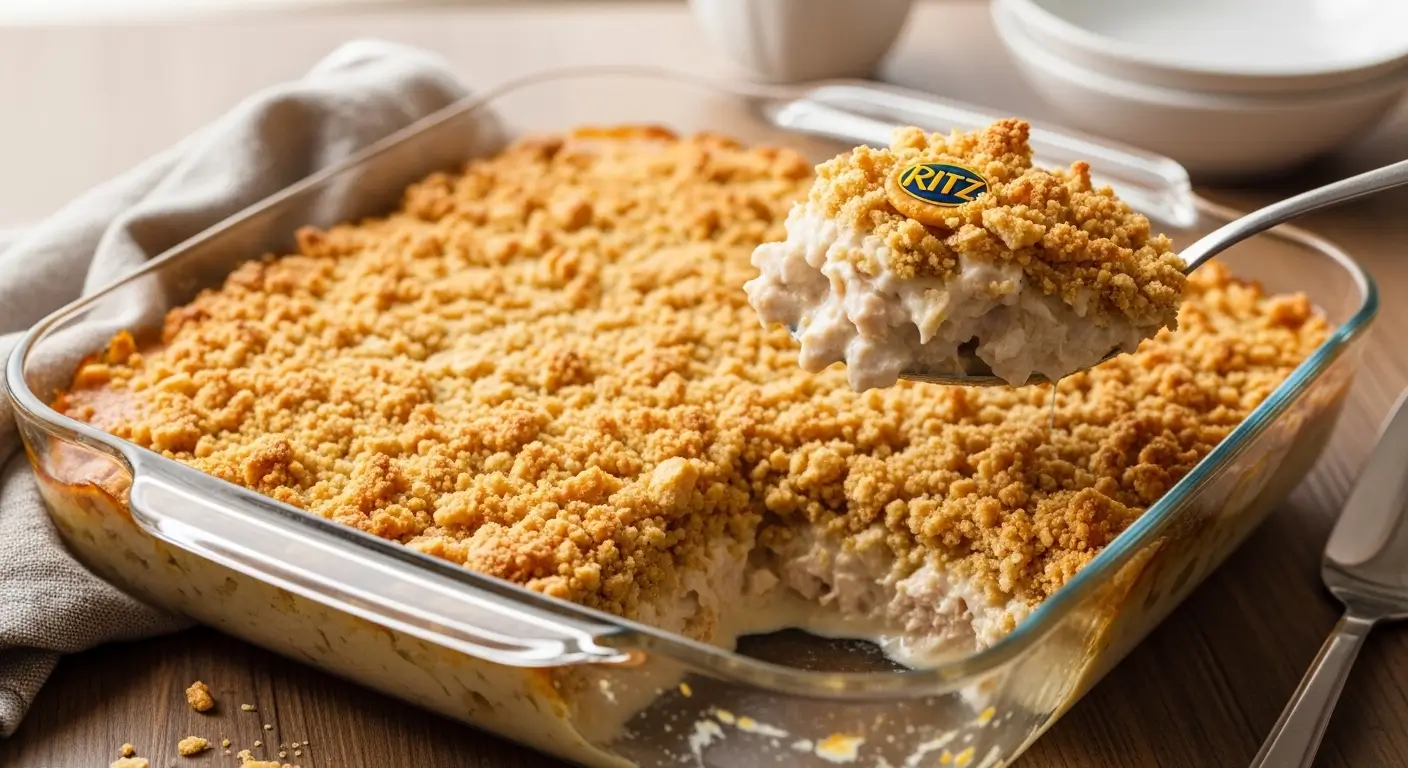 Golden Ritz cracker chicken casserole with a buttery crumble topping in a glass dish. A spoon lifts a creamy serving of shredded chicken under soft, warm light, highlighting the rich textures and comforting atmosphere of this homemade meal.
