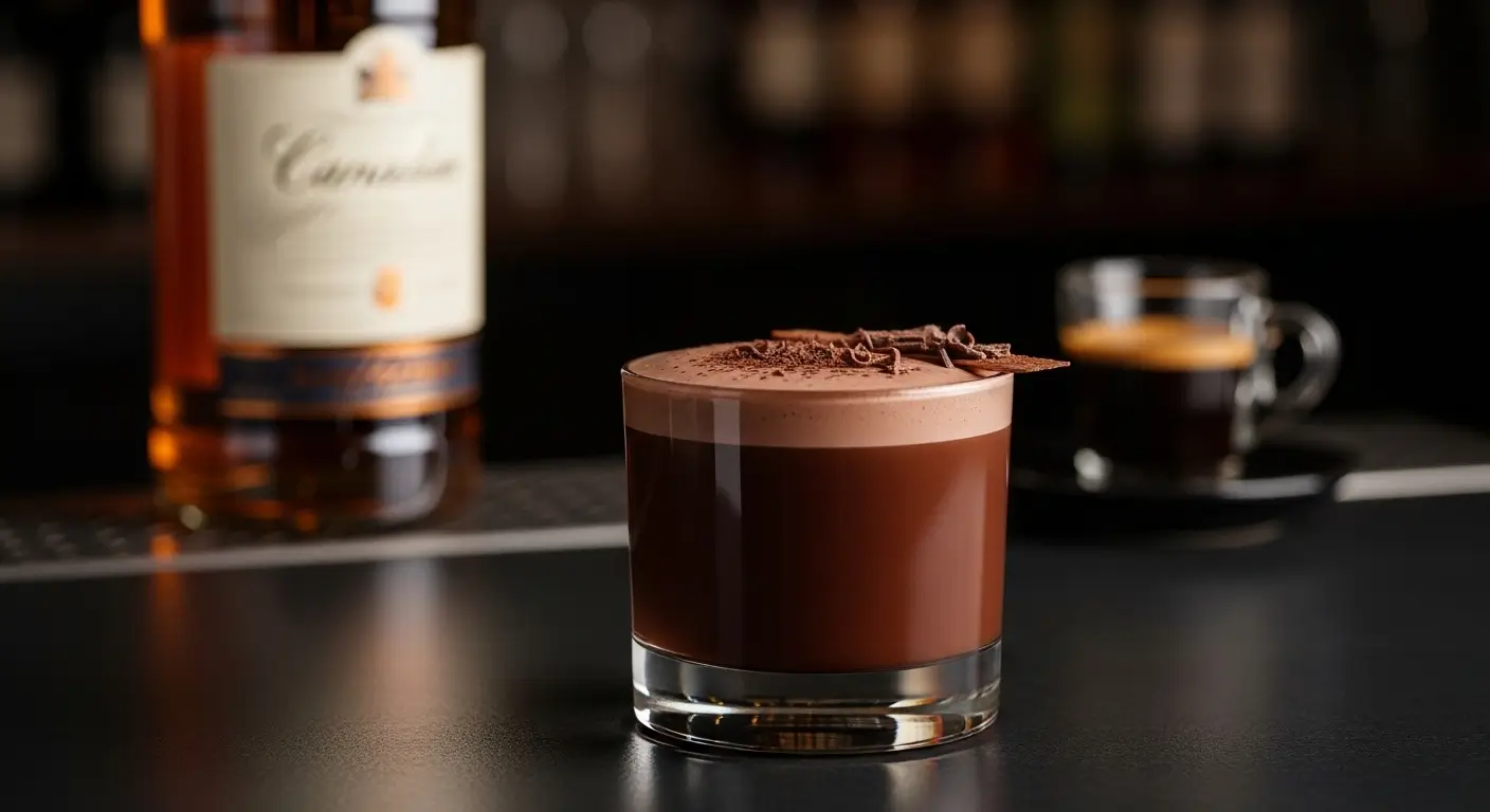 A creamy chocolate cocktail in a rocks glass topped with thick foam and chocolate shavings, set on a dark bar counter beside a fresh espresso shot and whiskey bottle under soft, moody ambient lighting.