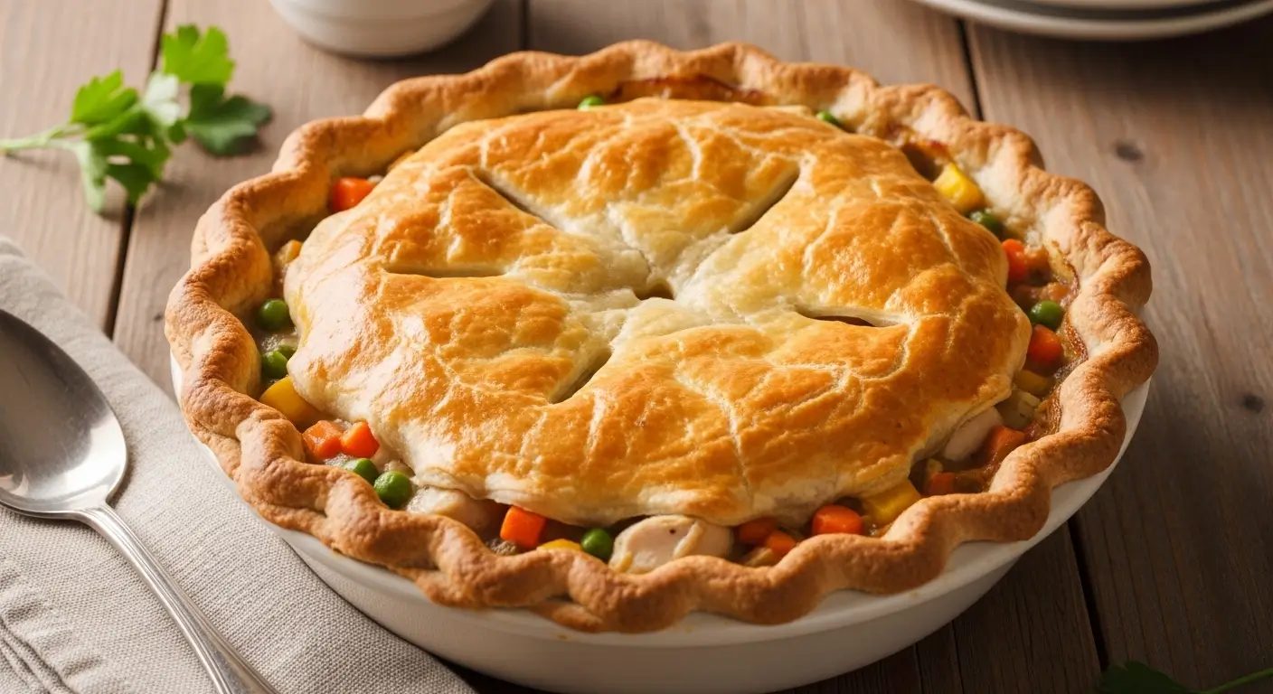 Golden-brown homemade chicken pot pie with a flaky crust sits on a rustic wooden table. Soft, natural light highlights the savory filling of peas and carrots in a white ceramic dish, alongside a silver spoon and linen napkin.
