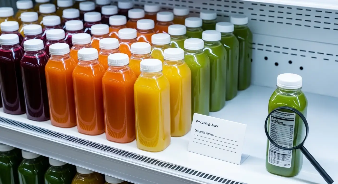 Vibrant rows of cold-pressed juice bottles in purple, orange, and green line a white refrigerated shelf. A magnifying glass focuses on the nutrition label beside a "Processing check" card under bright, clinical lighting for quality assurance.