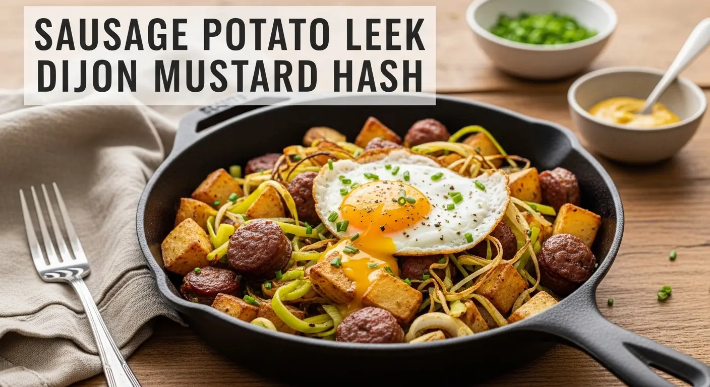 Hearty sausage potato leek hash with crispy golden potatoes and vibrant leeks in a cast iron skillet. Topped with a runny egg, this breakfast recipe rests on rustic wood near Dijon mustard in bright natural light.