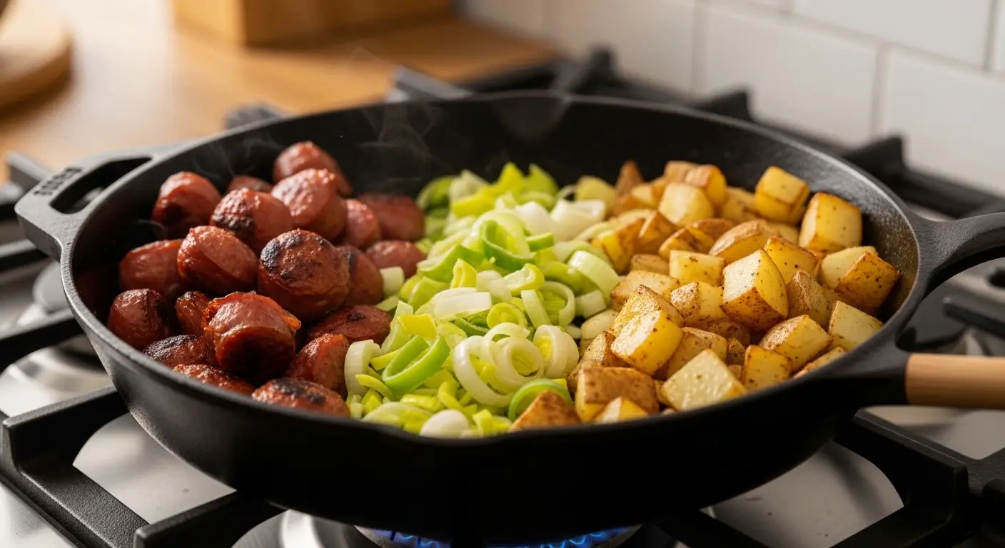 Sizzling browned sausages, vibrant green leeks, and golden cubed potatoes cook in a matte black cast iron skillet. Soft steam rises from this savory sausage and potato hash under bright kitchen lighting against a white tiled backsplash.