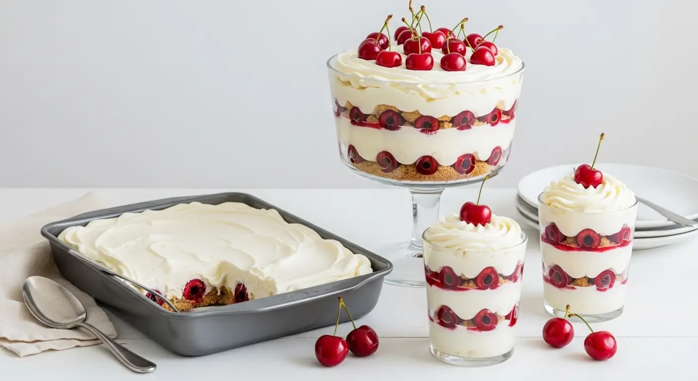 Layers of golden graham cracker crumbs and velvety white cream form a cherry cheesecake trifle topped with glossy red cherries. The dessert is served in a glass pedestal bowl, individual glasses, and a baking pan under bright, diffused lighting.