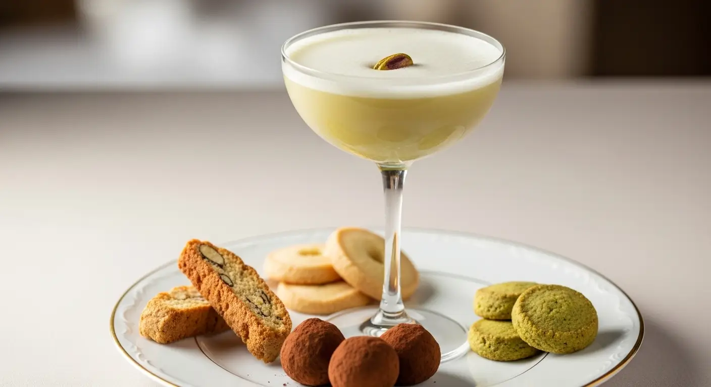 A frothy pistachio cocktail in a coupe glass garnished with a single nut, served on a white plate with crunchy almond biscotti, cocoa-dusted truffles, and green tea cookies under soft, diffused light.