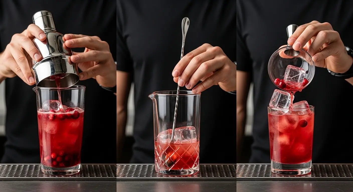 A professional bartender demonstrates cranberry mixology techniques, pouring a vibrant red craft cocktail over clear ice cubes into elegant crystal glassware under dramatic, high-contrast studio lighting.