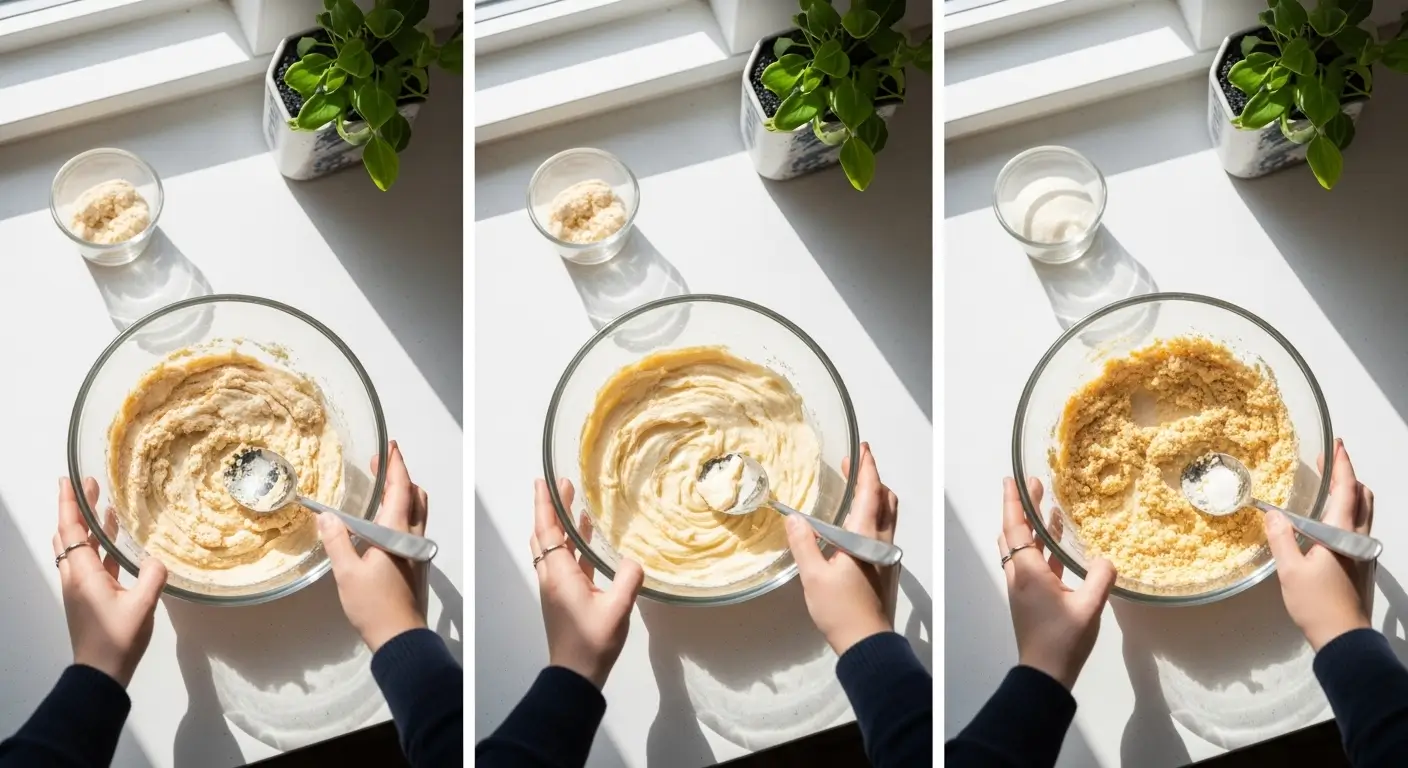 Hands mixing creamy homemade cookie dough in a glass bowl during the baking process. Bright, direct sunlight hits the white counter, highlighting the smooth batter texture alongside a vibrant green plant and small ingredient dish.