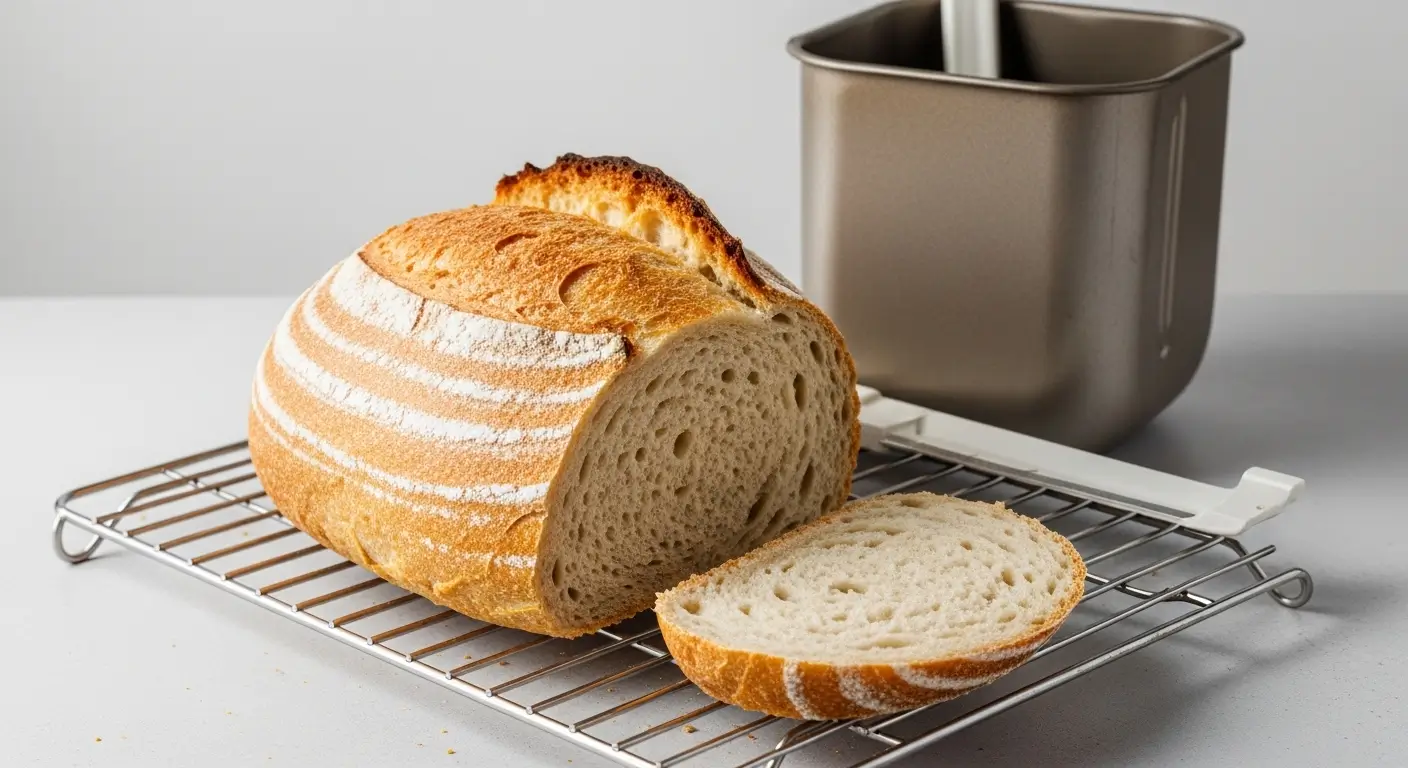 A crusty loaf of homemade sourdough bread with a flour-dusted golden crust rests on a wire cooling rack. Beside a bread machine pan, the sliced loaf reveals a soft, airy crumb under bright, clean studio lighting.