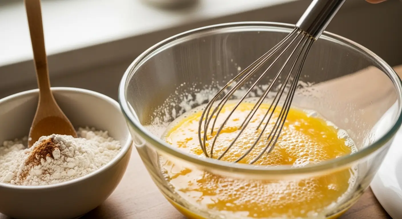 A stainless steel whisk is whisking eggs into a frothy golden liquid in a clear glass bowl. Beside it, white flour and spices sit ready for baking under soft, diffused natural light on a rustic wooden counter.