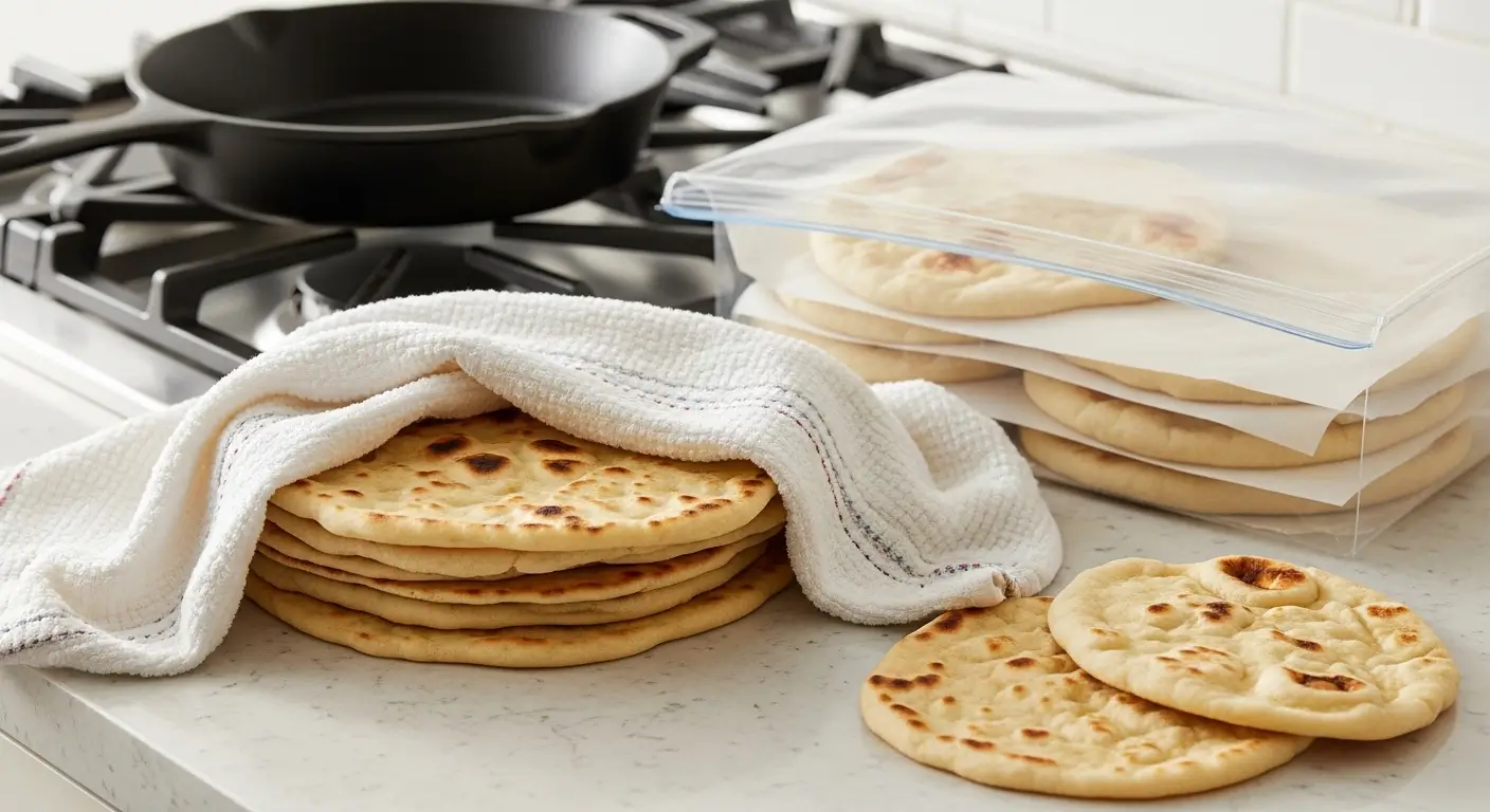 Warm homemade flatbread with golden charred spots stacks on a marble counter next to a black cast iron skillet. A textured white towel drapes over the bread under bright light, while more pieces are stored in a clear bag.