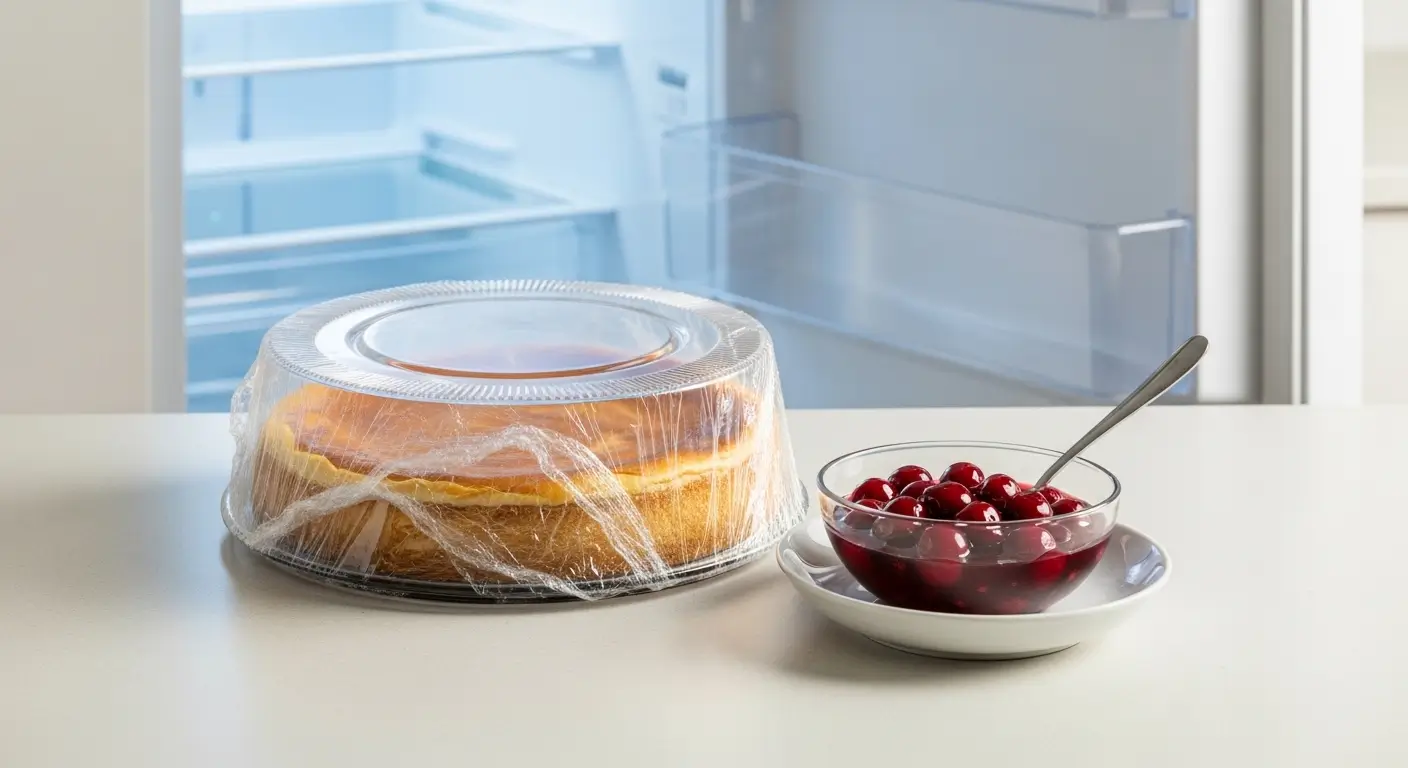 A golden-brown homemade cheesecake wrapped in clear plastic film sits on a white counter beside glossy red cherries. Bright, cool light from an open refrigerator highlights the fresh textures and vibrant colors of the dessert.