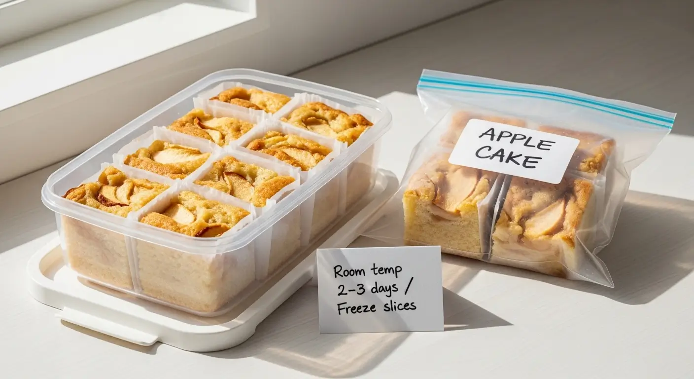 Golden homemade apple cake slices sit in a clear airtight container and labeled freezer bag on a sunlit table. Moist, fruit-topped squares are paired with a storage note under soft, bright natural light.