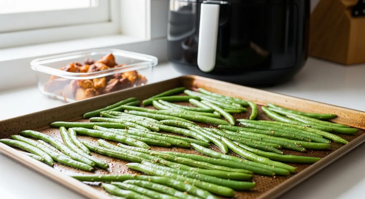 Seasoned air fryer green beans glisten on a bronze baking sheet in a sunlit kitchen. A glass container of crispy roasted potatoes sits nearby on the white counter, completing this vibrant healthy meal prep scene.