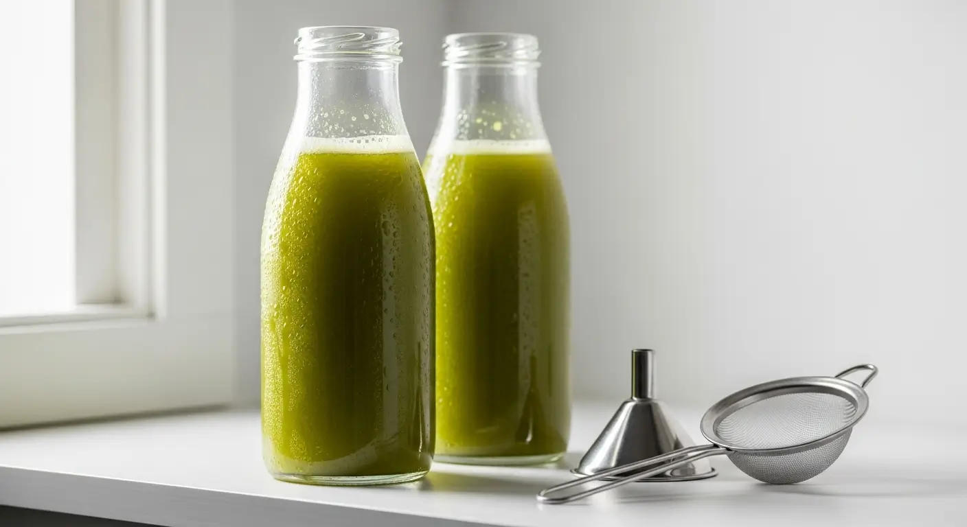 Two chilled bottles of cold-pressed green juice sit on a white windowsill beside a stainless steel funnel and strainer. Soft natural light illuminates the vibrant liquid and condensation, highlighting a refreshing, healthy detox drink in a minimalist setting.