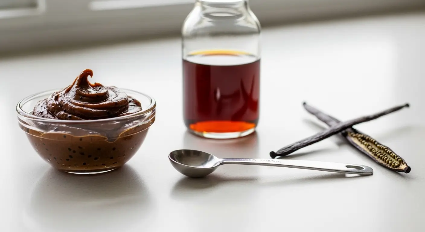 Rich, swirled vanilla bean paste sits in a glass bowl alongside a bottle of amber vanilla extract and whole vanilla pods. A stainless steel measuring spoon rests on the bright white surface under soft, diffused natural light.
